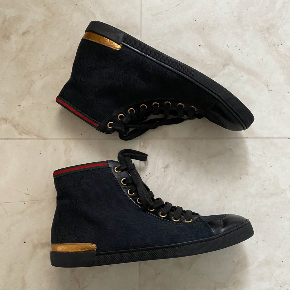 $985 Gucci Made in Italy GG Monogram Black Leather Canvas High Top Sneakers 5.5 - Picture 2 of 13